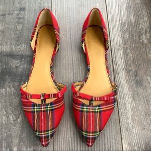 J. Crew Red Plaid Tartan D’orsay Pointed Toe Bow Flats 9 preppy!